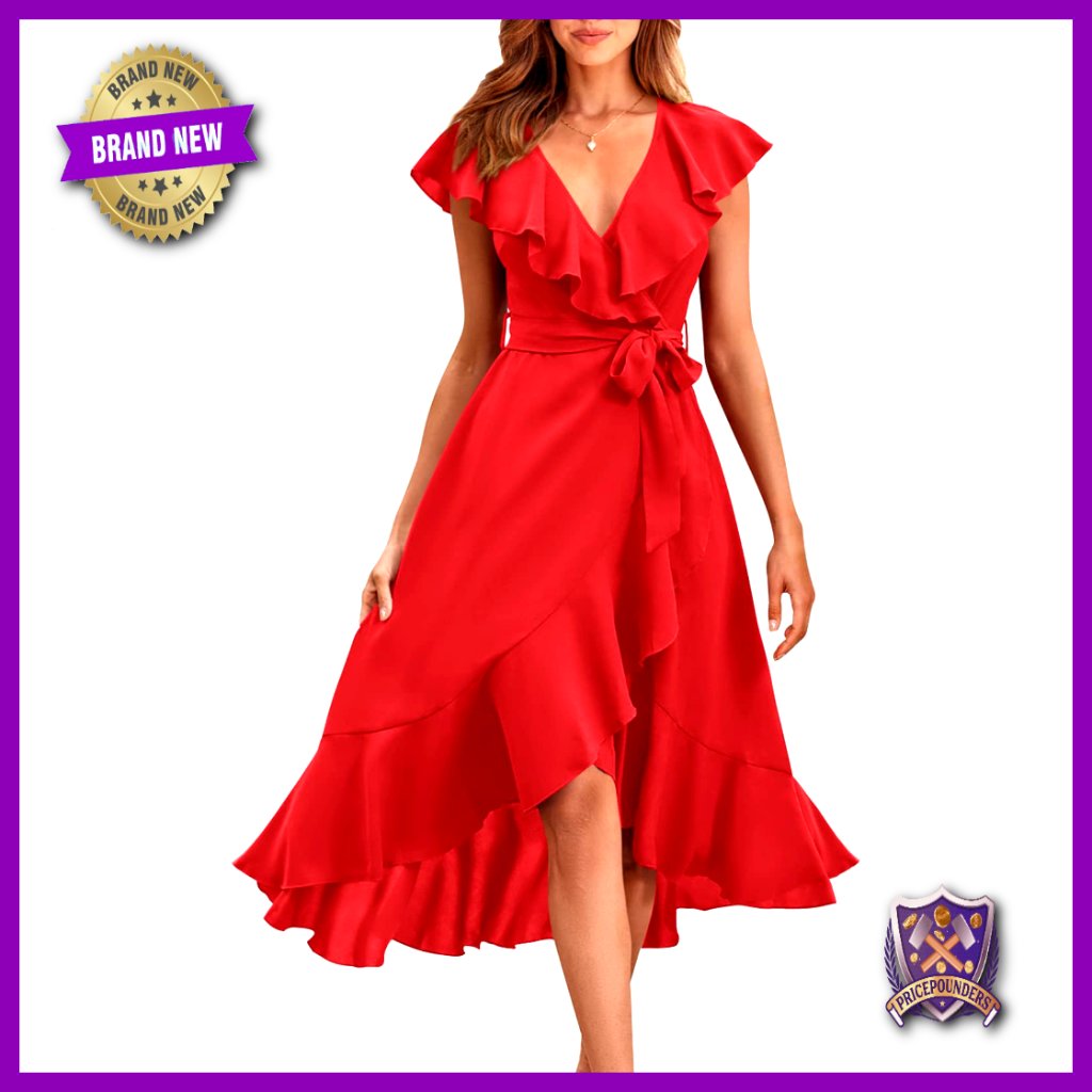 Boho Midi Dress Cross V Neck Ruffle Hem Split Front Tie Waist Summer